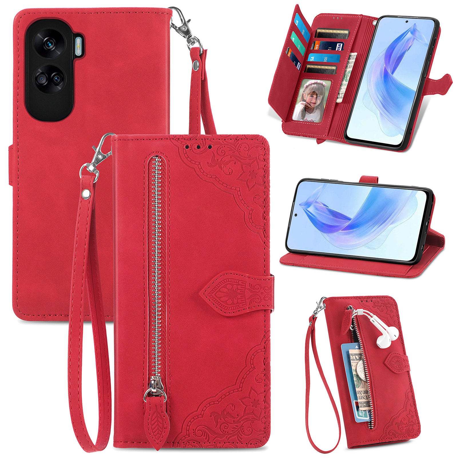For Honor X50i 5G / 90 Lite 5G Wallet Case Flower Imprinted PU Leather Folio Phone Cover