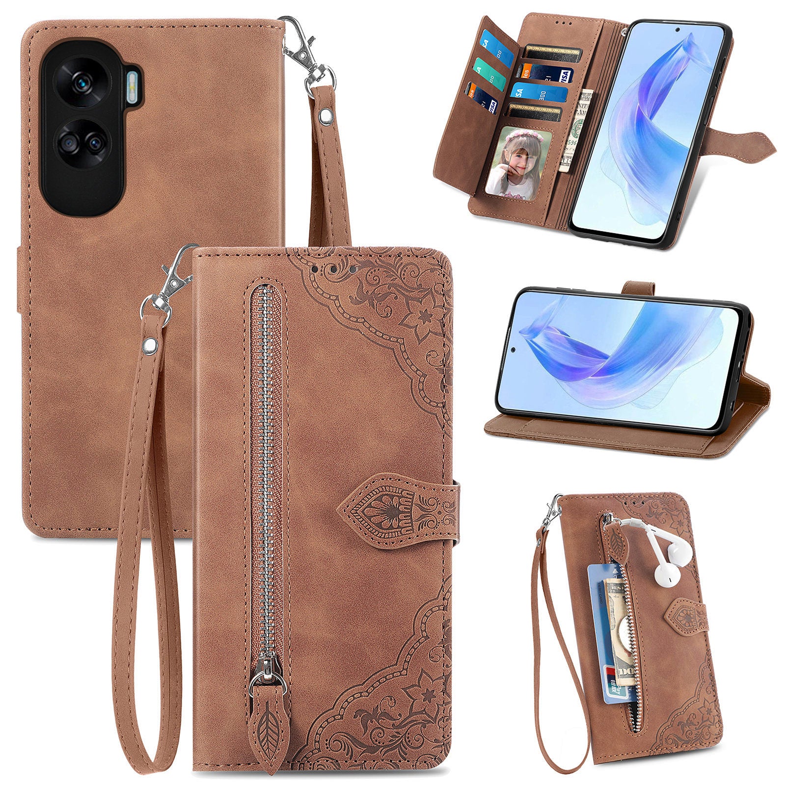 For Honor X50i 5G / 90 Lite 5G Wallet Case Flower Imprinted PU Leather Folio Phone Cover