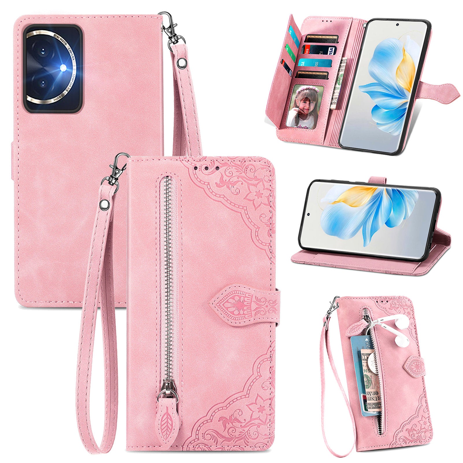 For Honor 100 5G Case Handbag Zipper Pocket Flower Imprinted Leather Phone Cover