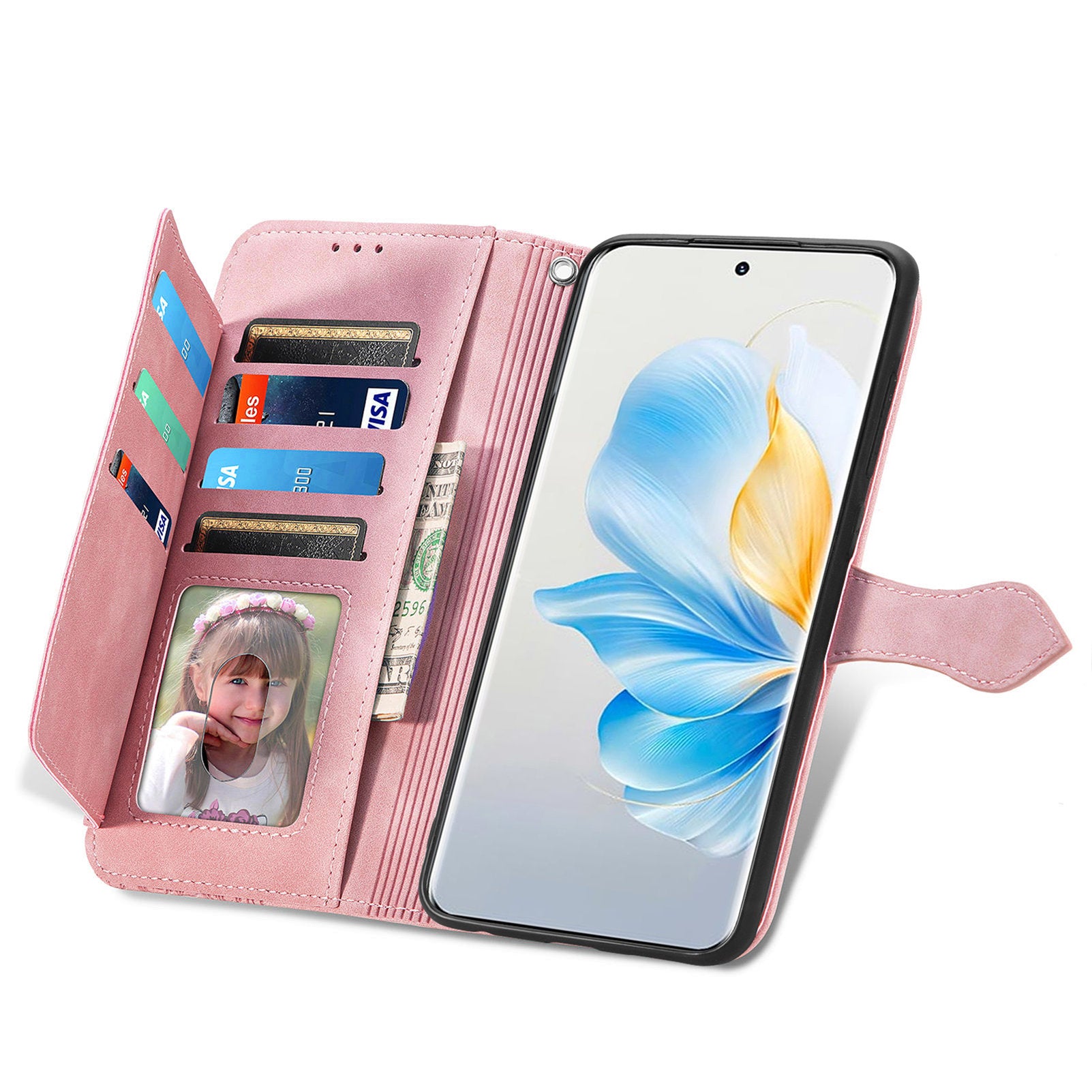 For Honor 100 5G Case Handbag Zipper Pocket Flower Imprinted Leather Phone Cover