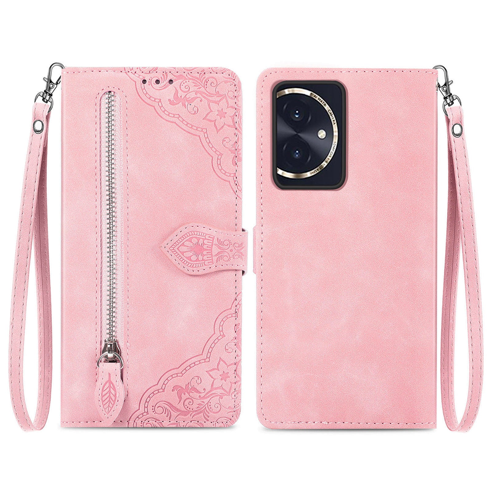 For Honor 100 5G Case Handbag Zipper Pocket Flower Imprinted Leather Phone Cover