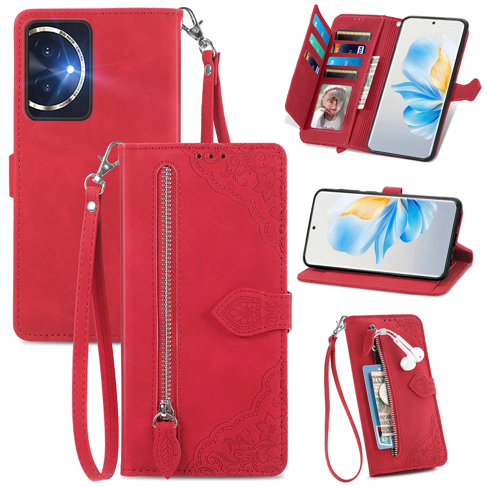 For Honor 100 5G Case Handbag Zipper Pocket Flower Imprinted Leather Phone Cover