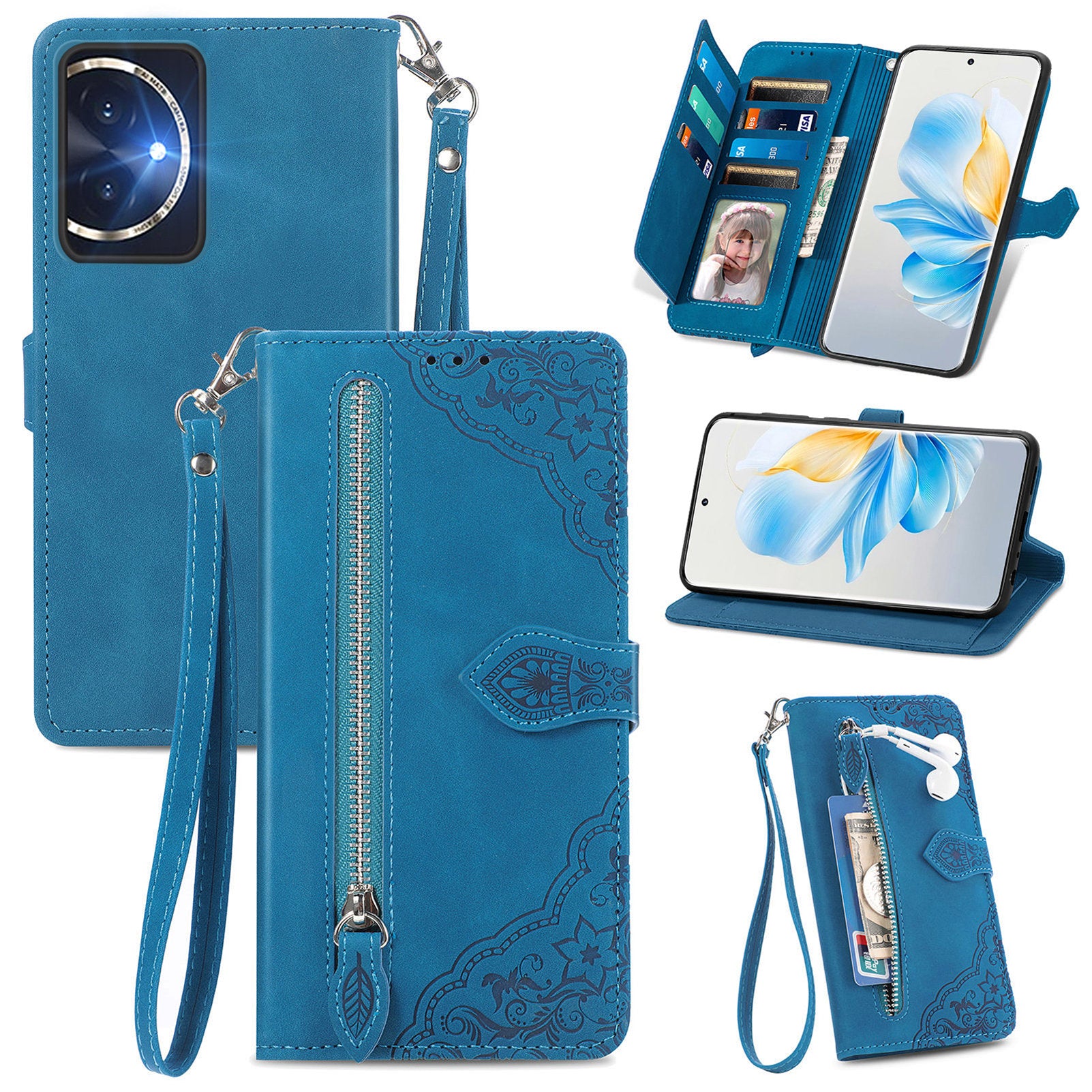 For Honor 100 5G Case Handbag Zipper Pocket Flower Imprinted Leather Phone Cover