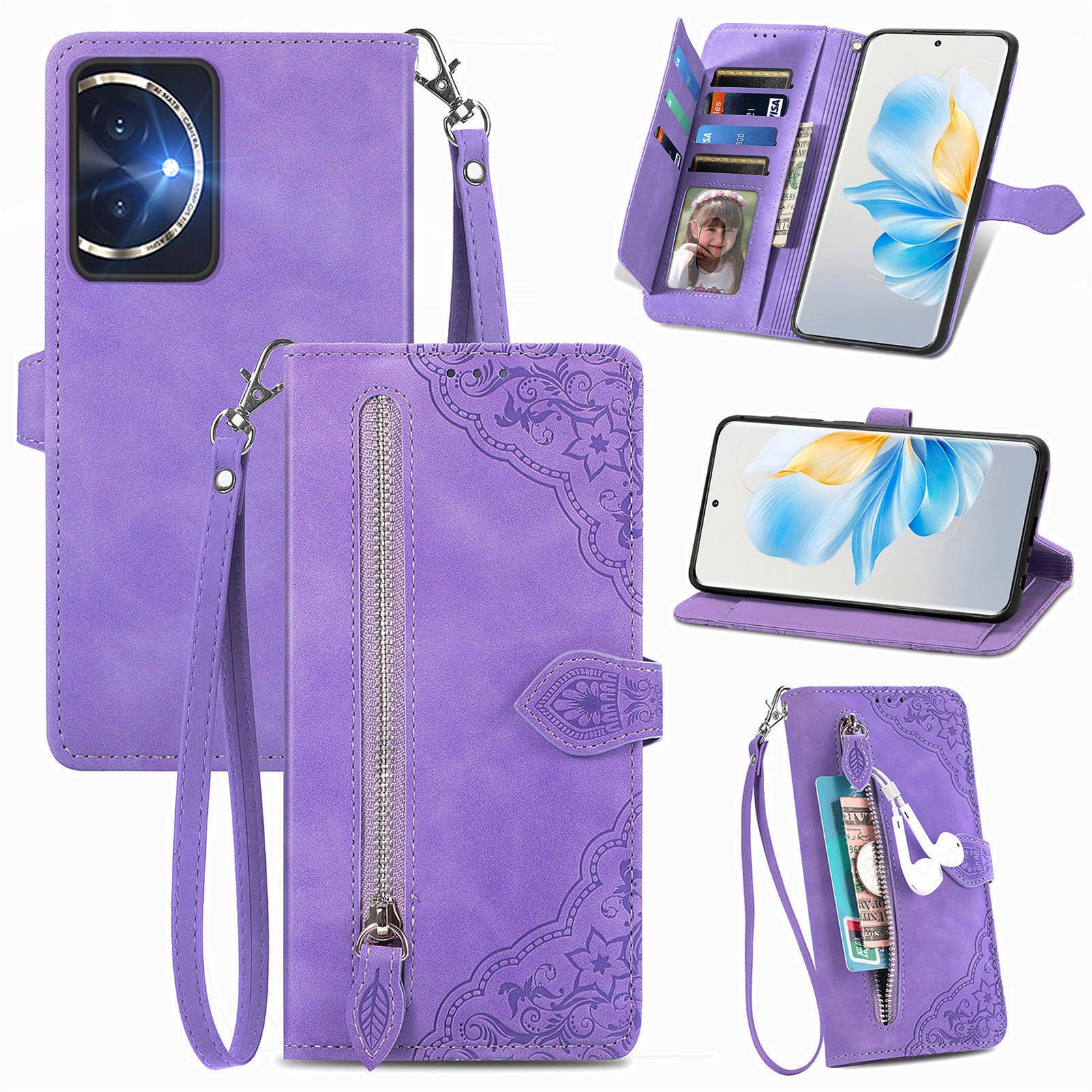 For Honor 100 5G Case Handbag Zipper Pocket Flower Imprinted Leather Phone Cover