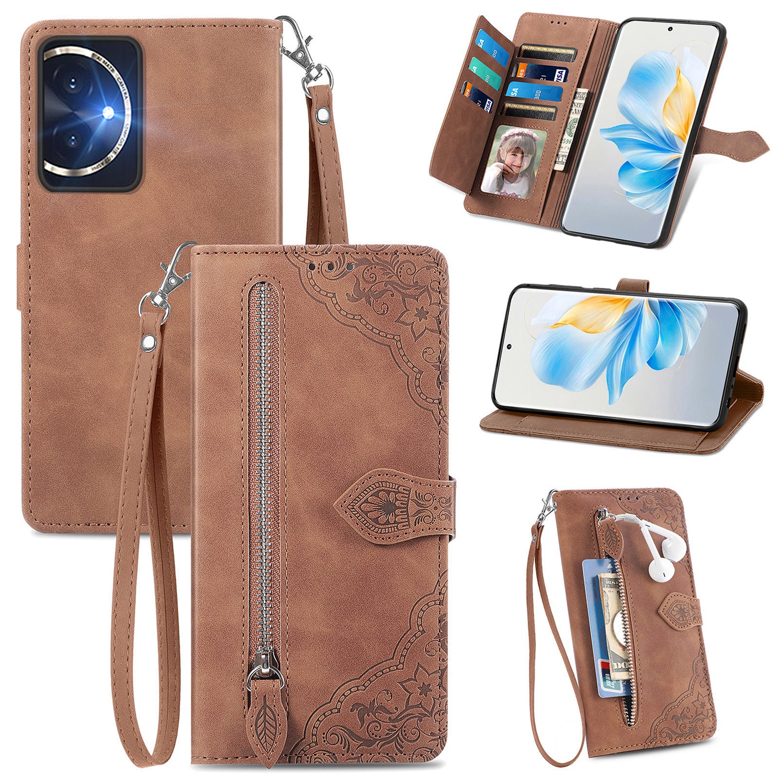 For Honor 100 5G Case Handbag Zipper Pocket Flower Imprinted Leather Phone Cover