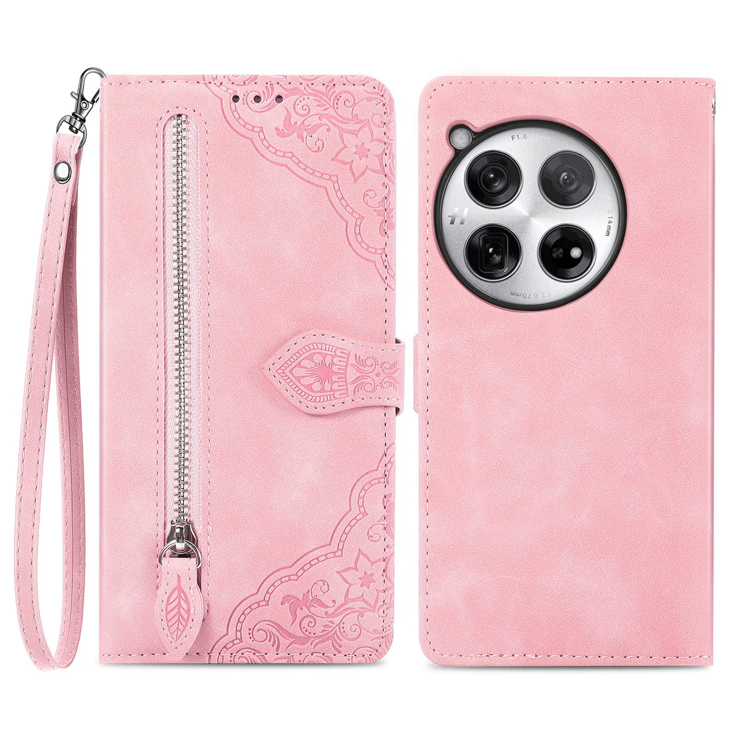 For OnePlus 12 5G Case Leather Card Slots Flower Phone Cover with Wrist Strap
