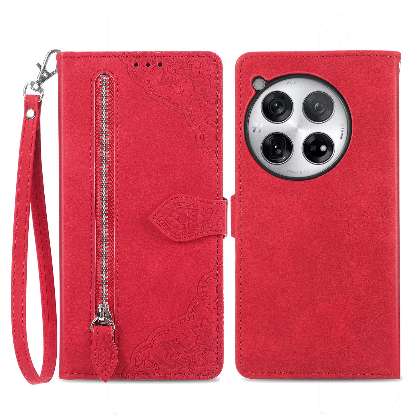 For OnePlus 12 5G Case Leather Card Slots Flower Phone Cover with Wrist Strap