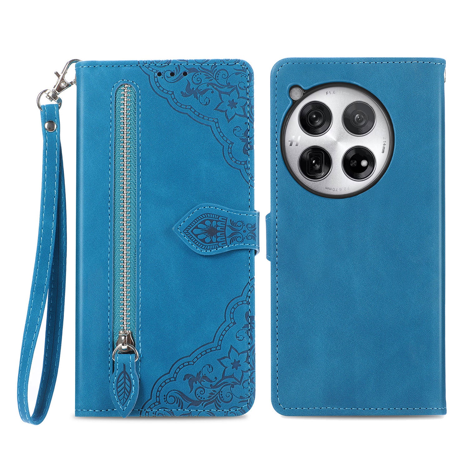 For OnePlus 12 5G Case Leather Card Slots Flower Phone Cover with Wrist Strap