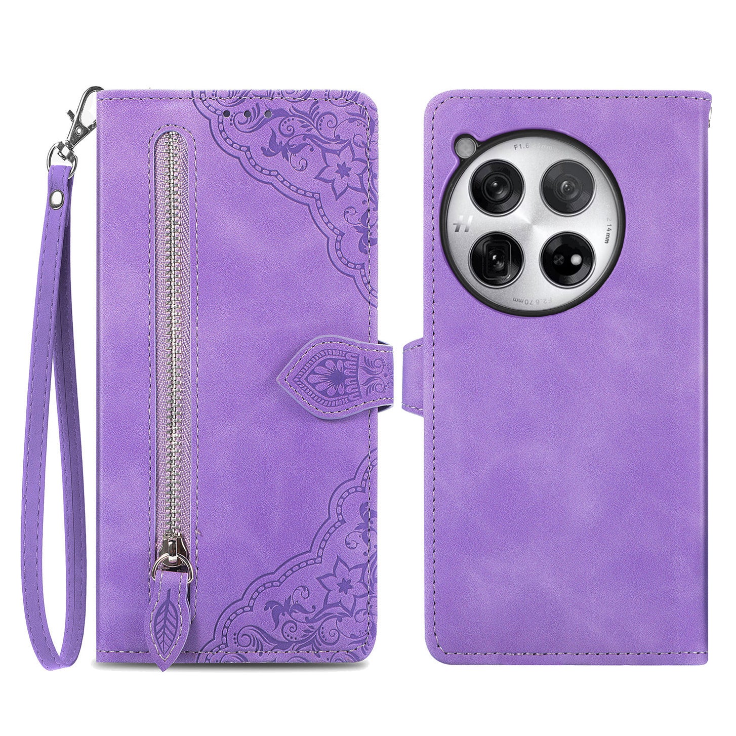 For OnePlus 12 5G Case Leather Card Slots Flower Phone Cover with Wrist Strap