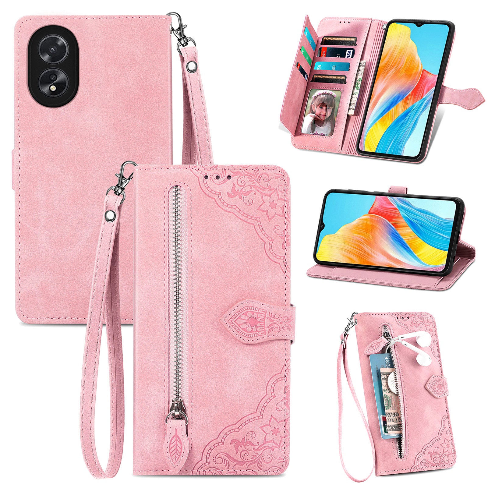 For Oppo A38 4G / A18 4G Case Flower Imprinted Leather Zipper Wallet Phone Cover
