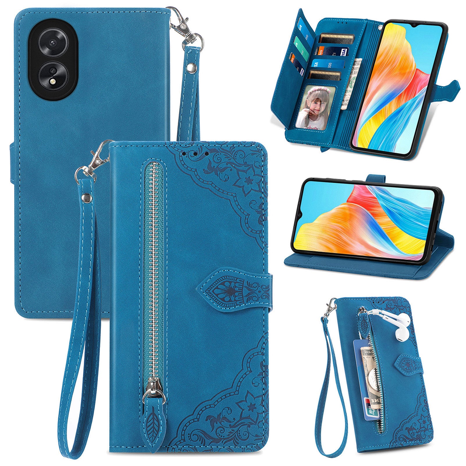 For Oppo A38 4G / A18 4G Case Flower Imprinted Leather Zipper Wallet Phone Cover