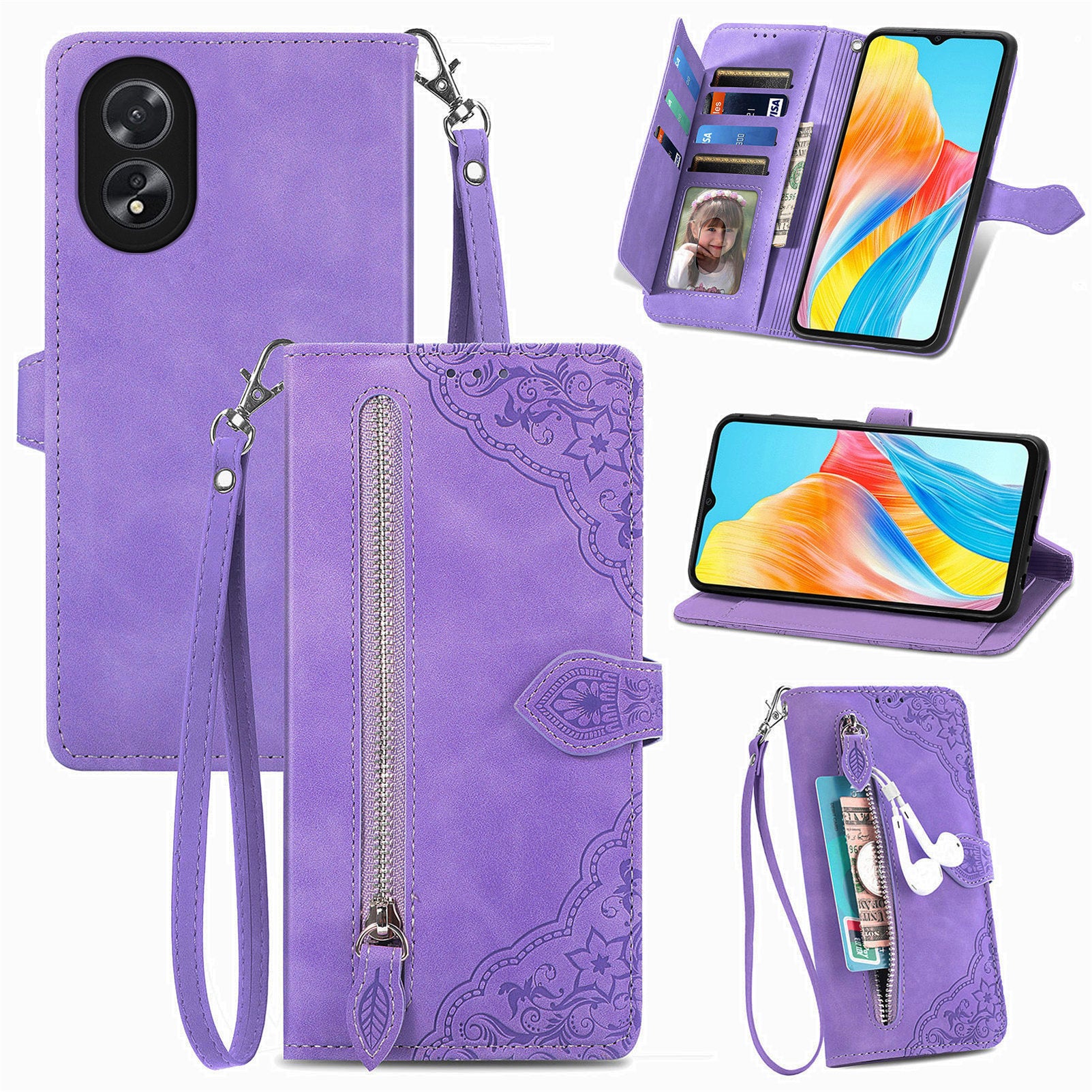 For Oppo A38 4G / A18 4G Case Flower Imprinted Leather Zipper Wallet Phone Cover