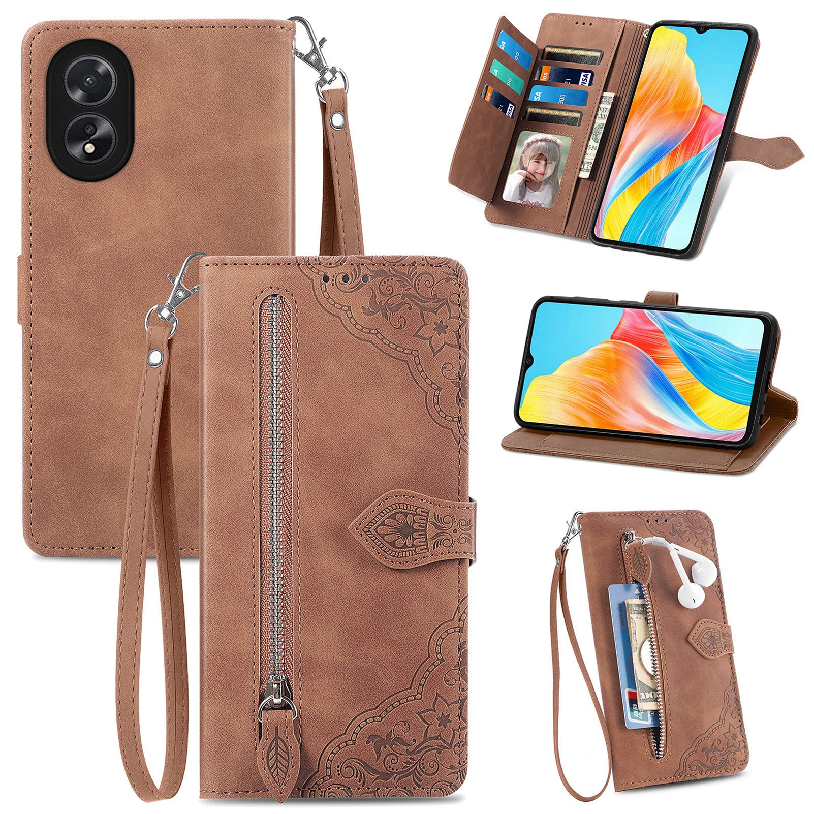For Oppo A38 4G / A18 4G Case Flower Imprinted Leather Zipper Wallet Phone Cover