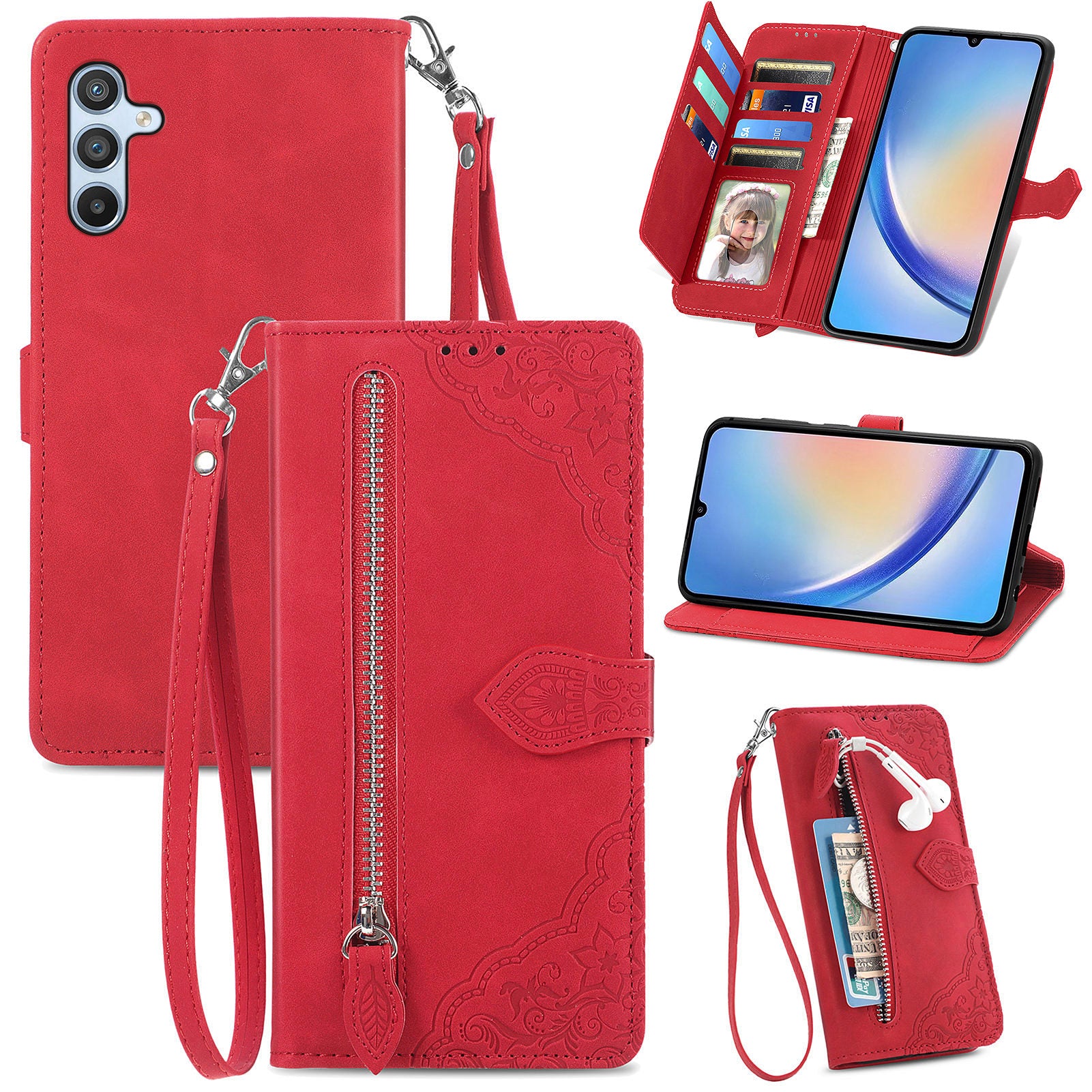 For Samsung Galaxy A35 5G Case Zipper Pocket Purse Flower Imprinted Leather Phone Cover