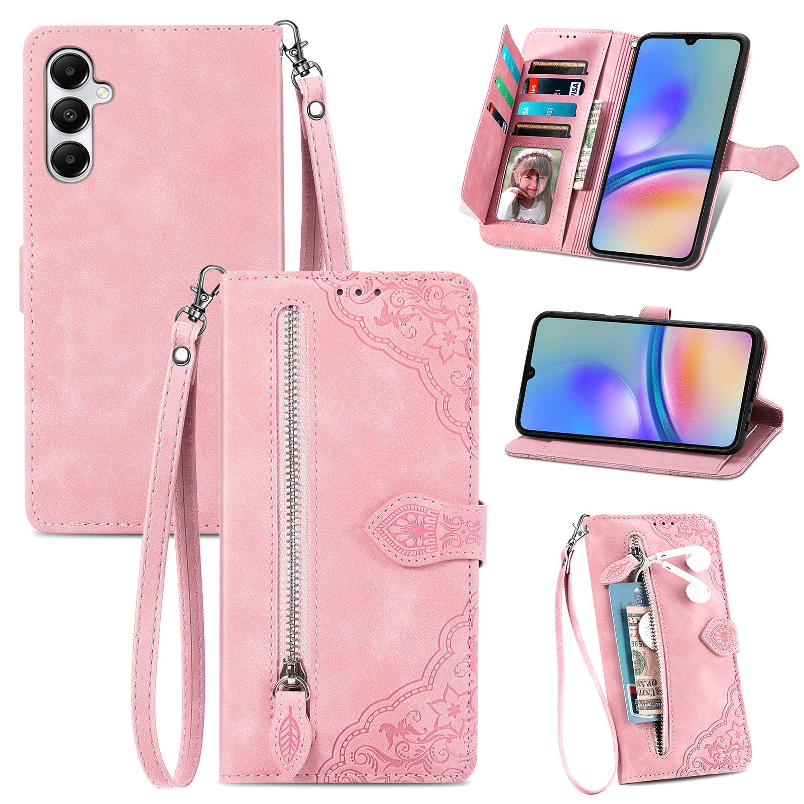 For Samsung Galaxy A05s 4G Phone Case Flower Imprinted Anti-Drop Leather Flip Cover