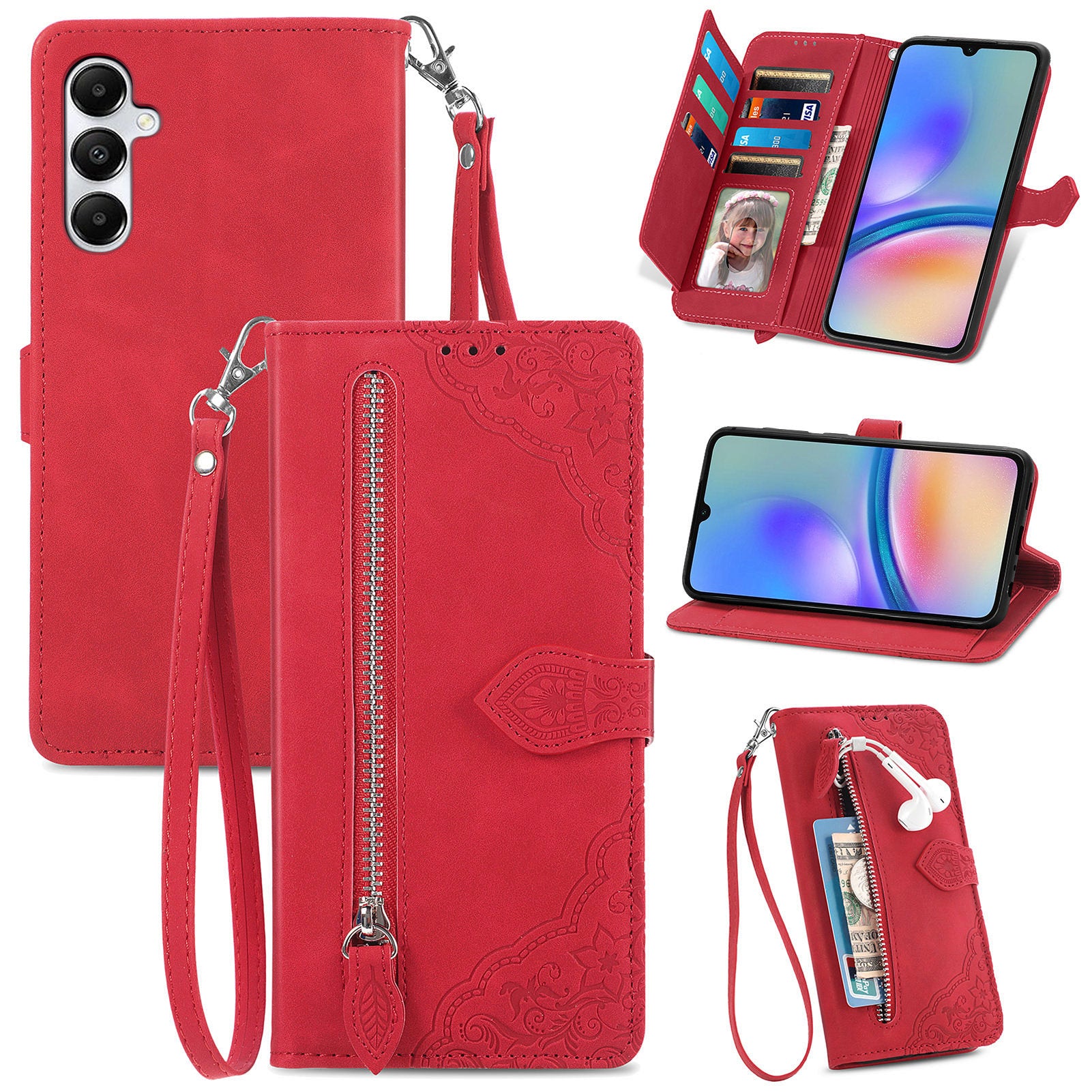 For Samsung Galaxy A05s 4G Phone Case Flower Imprinted Anti-Drop Leather Flip Cover