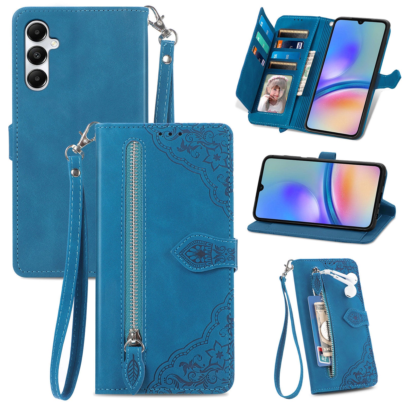 For Samsung Galaxy A05s 4G Phone Case Flower Imprinted Anti-Drop Leather Flip Cover