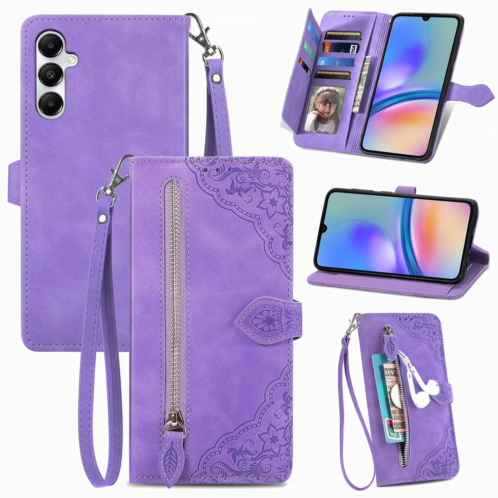 For Samsung Galaxy A05s 4G Phone Case Flower Imprinted Anti-Drop Leather Flip Cover