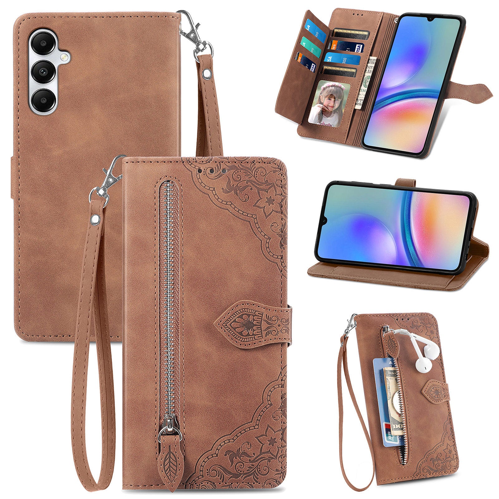 For Samsung Galaxy A05s 4G Phone Case Flower Imprinted Anti-Drop Leather Flip Cover