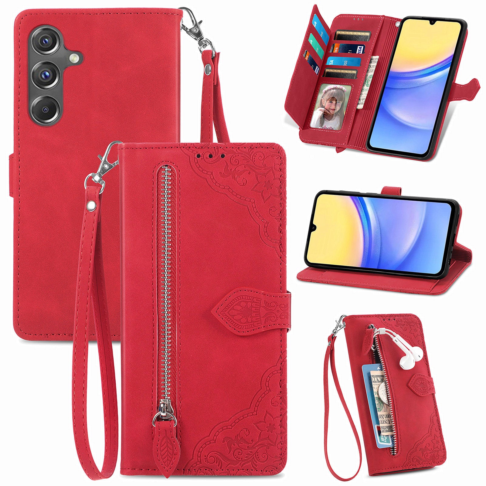 For Samsung Galaxy A15 4G / 5G Case Flower PU Leather Zipper Flip Folio Wallet Phone Cover