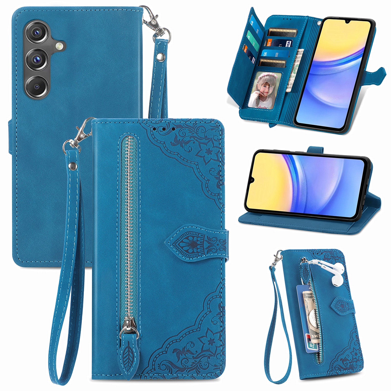 For Samsung Galaxy A15 4G / 5G Case Flower PU Leather Zipper Flip Folio Wallet Phone Cover