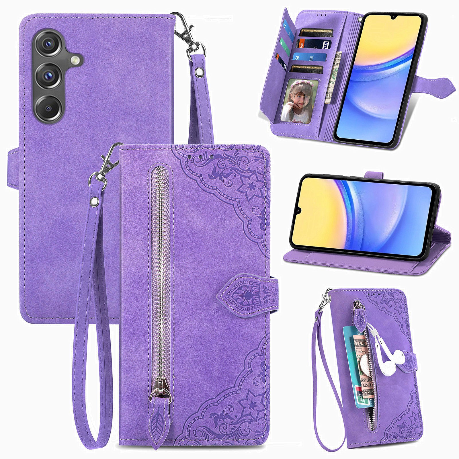 For Samsung Galaxy A15 4G / 5G Case Flower PU Leather Zipper Flip Folio Wallet Phone Cover