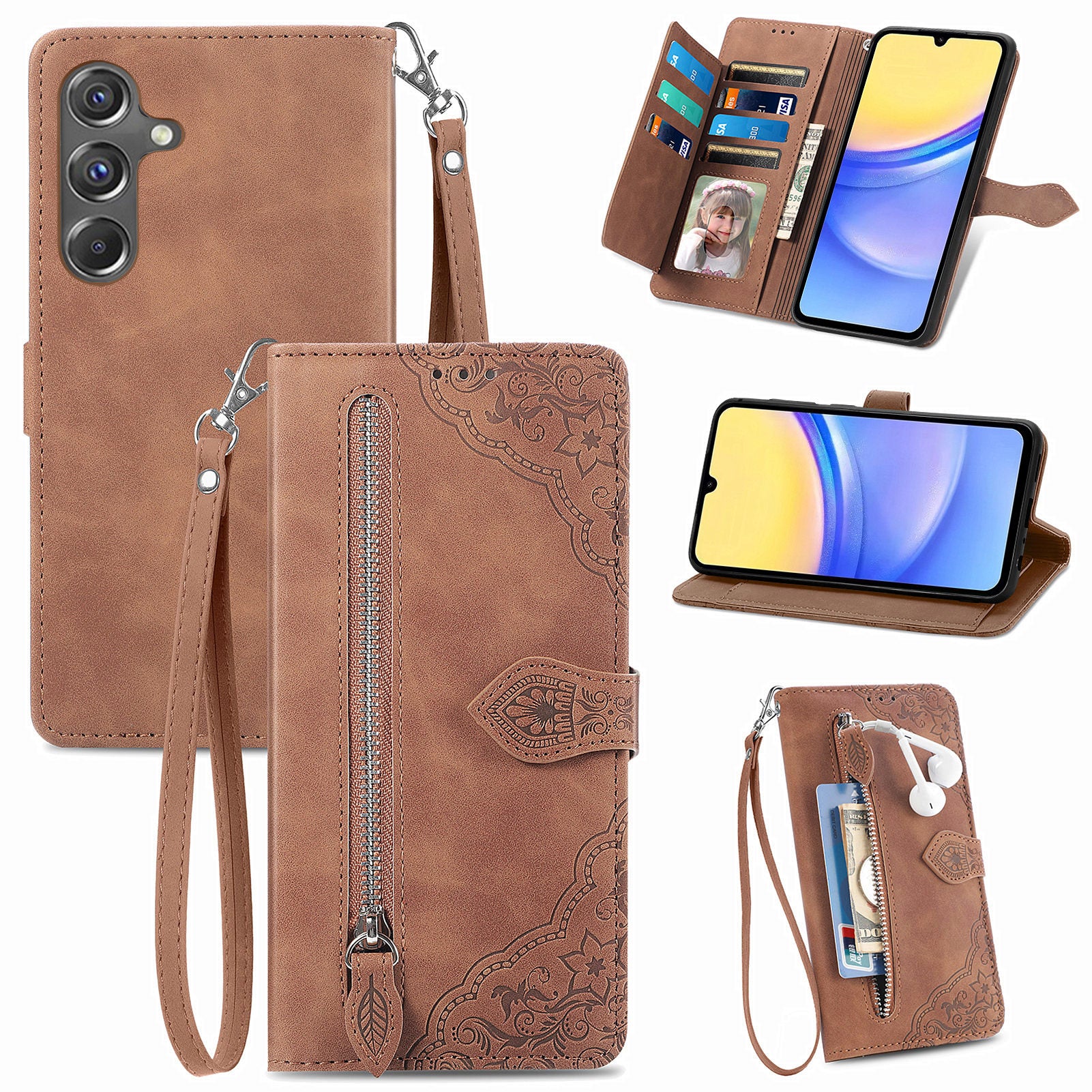 For Samsung Galaxy A15 4G / 5G Case Flower PU Leather Zipper Flip Folio Wallet Phone Cover