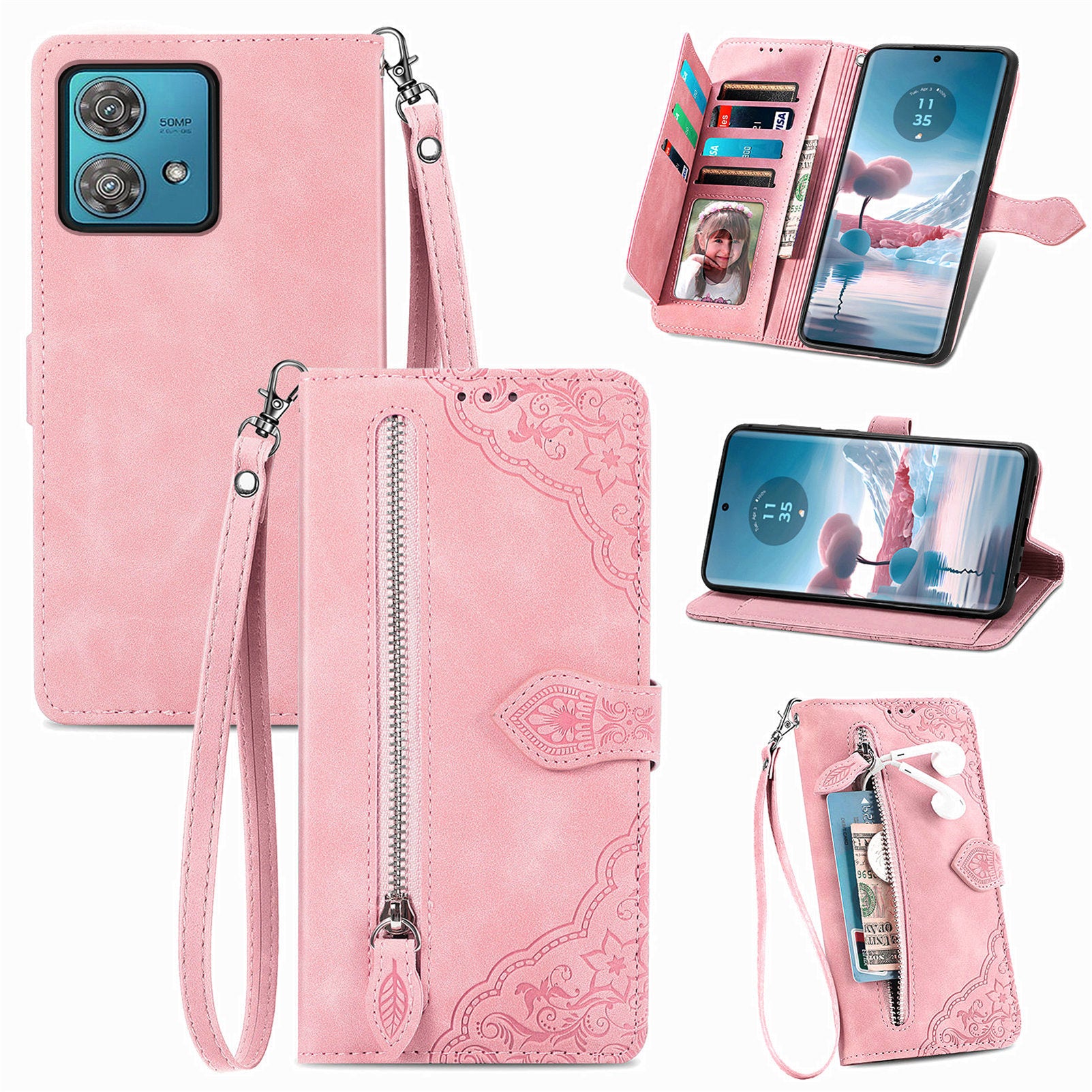 For Motorola Edge 40 Neo 5G Case Zipper Wallet Leather Phone Cover Flower Imprinted
