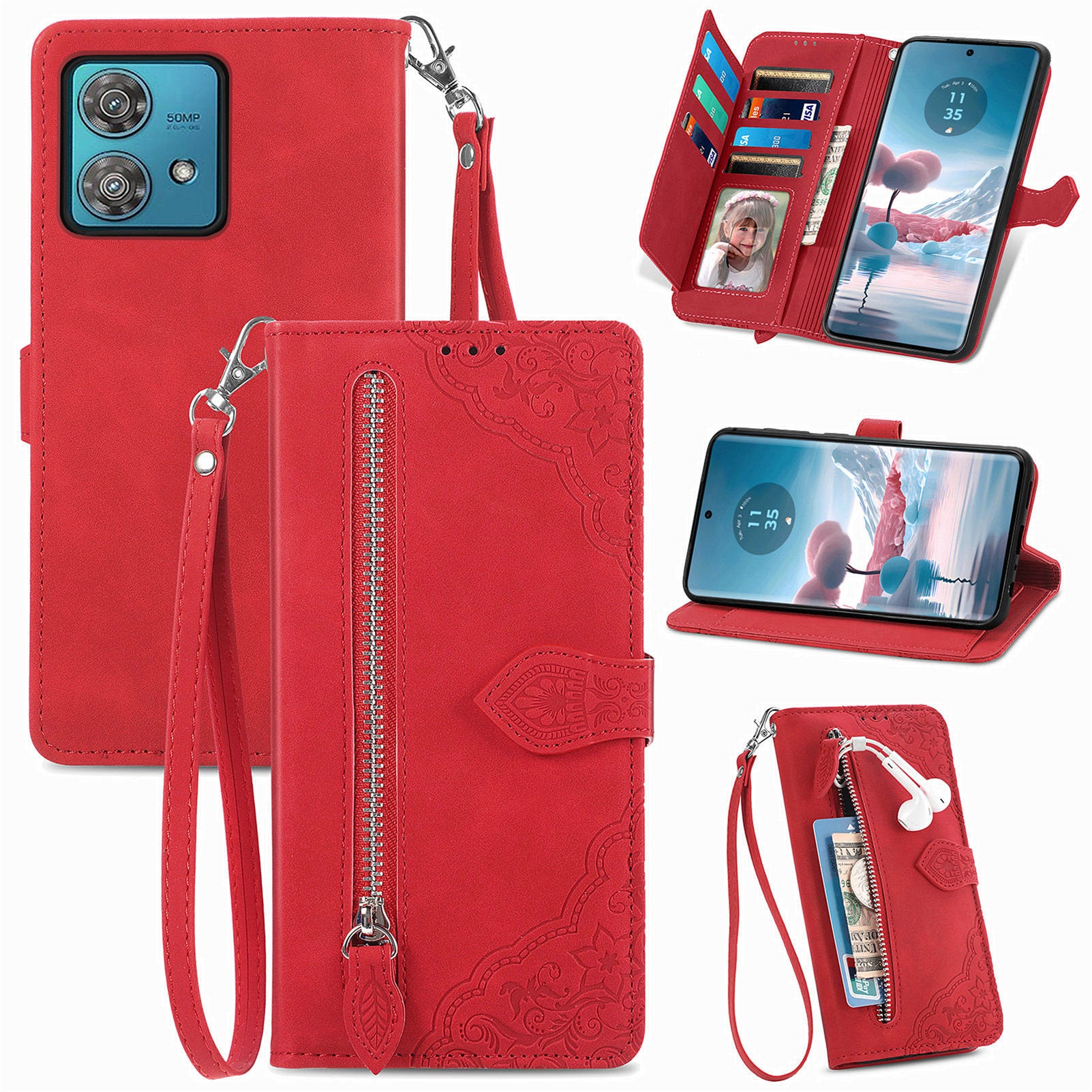 For Motorola Edge 40 Neo 5G Case Zipper Wallet Leather Phone Cover Flower Imprinted