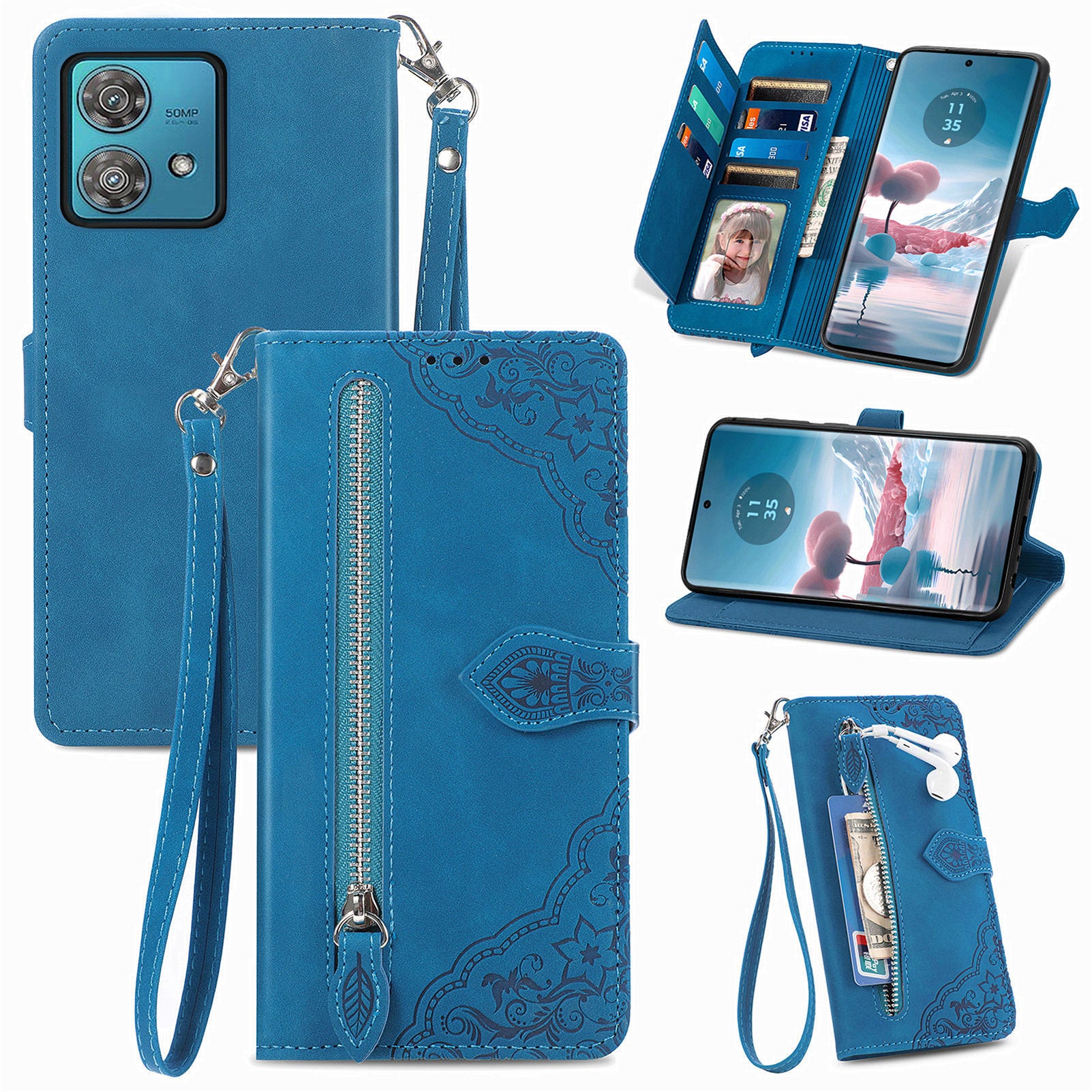 For Motorola Edge 40 Neo 5G Case Zipper Wallet Leather Phone Cover Flower Imprinted