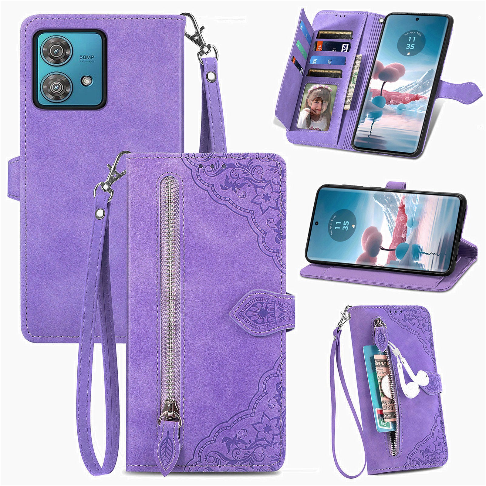 For Motorola Edge 40 Neo 5G Case Zipper Wallet Leather Phone Cover Flower Imprinted