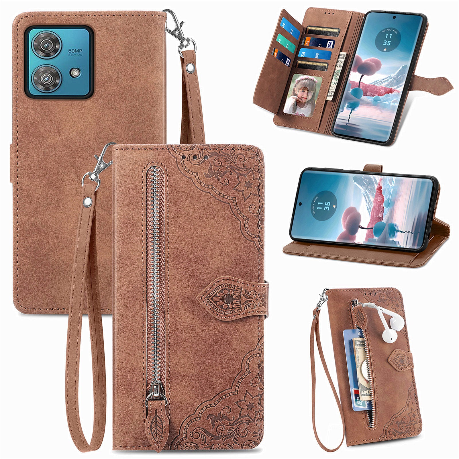 For Motorola Edge 40 Neo 5G Case Zipper Wallet Leather Phone Cover Flower Imprinted