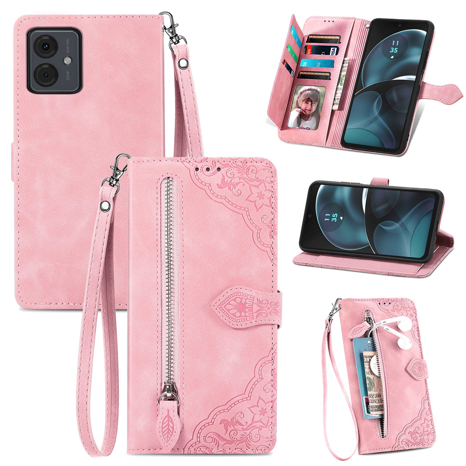 For Motorola Moto G14 4G Case Flower Imprinted Anti-Scratch Leather Flip Phone Cover