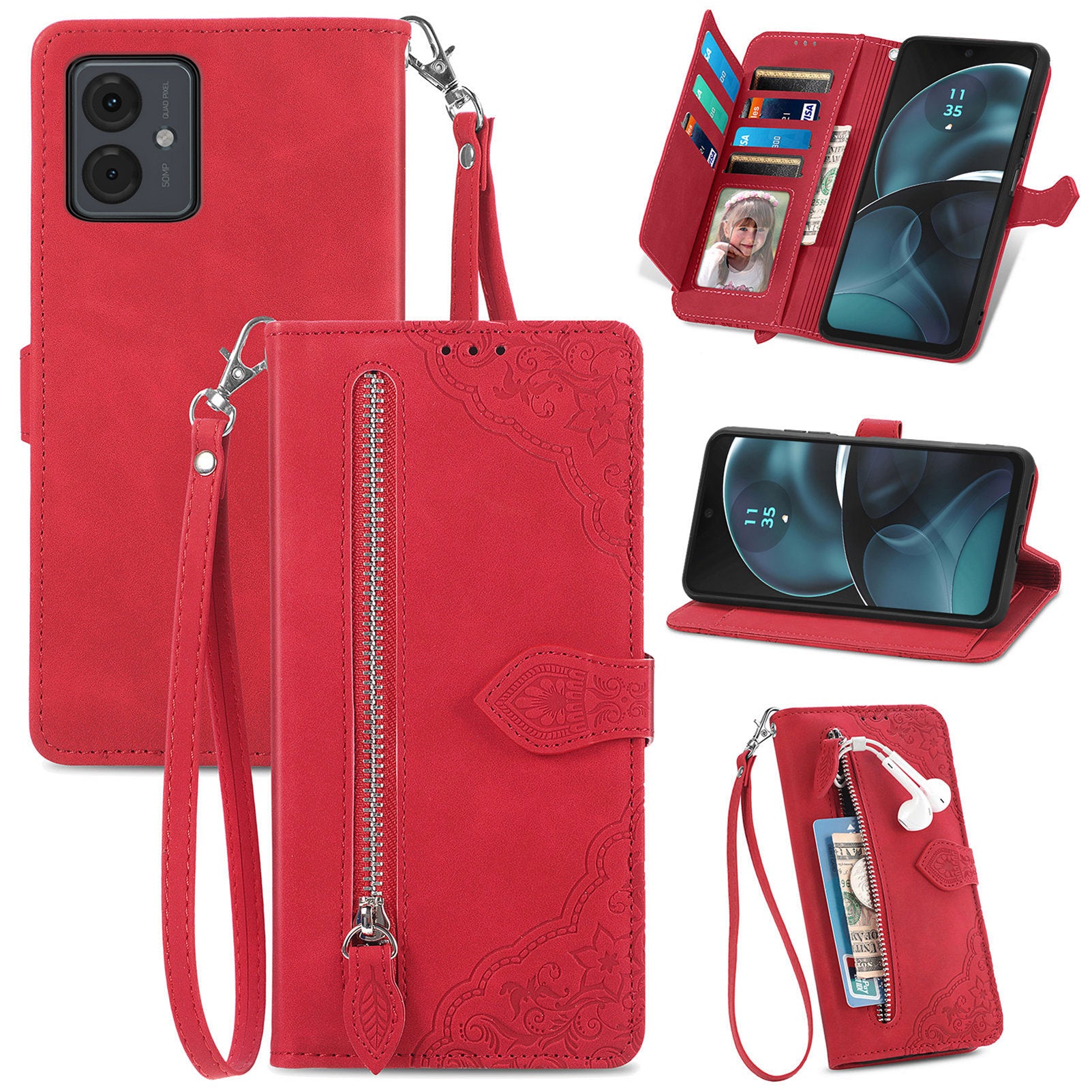 For Motorola Moto G14 4G Case Flower Imprinted Anti-Scratch Leather Flip Phone Cover