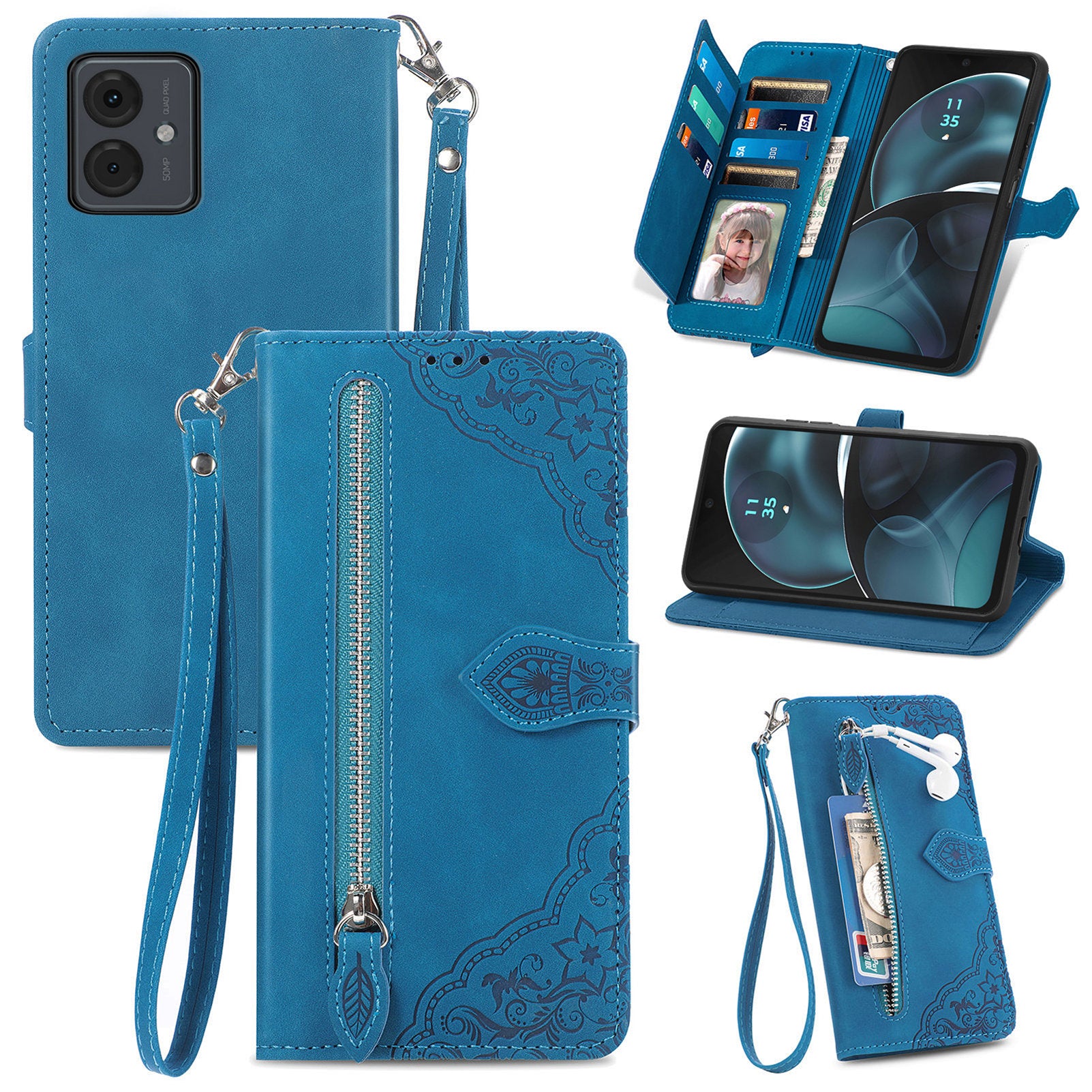 For Motorola Moto G14 4G Case Flower Imprinted Anti-Scratch Leather Flip Phone Cover