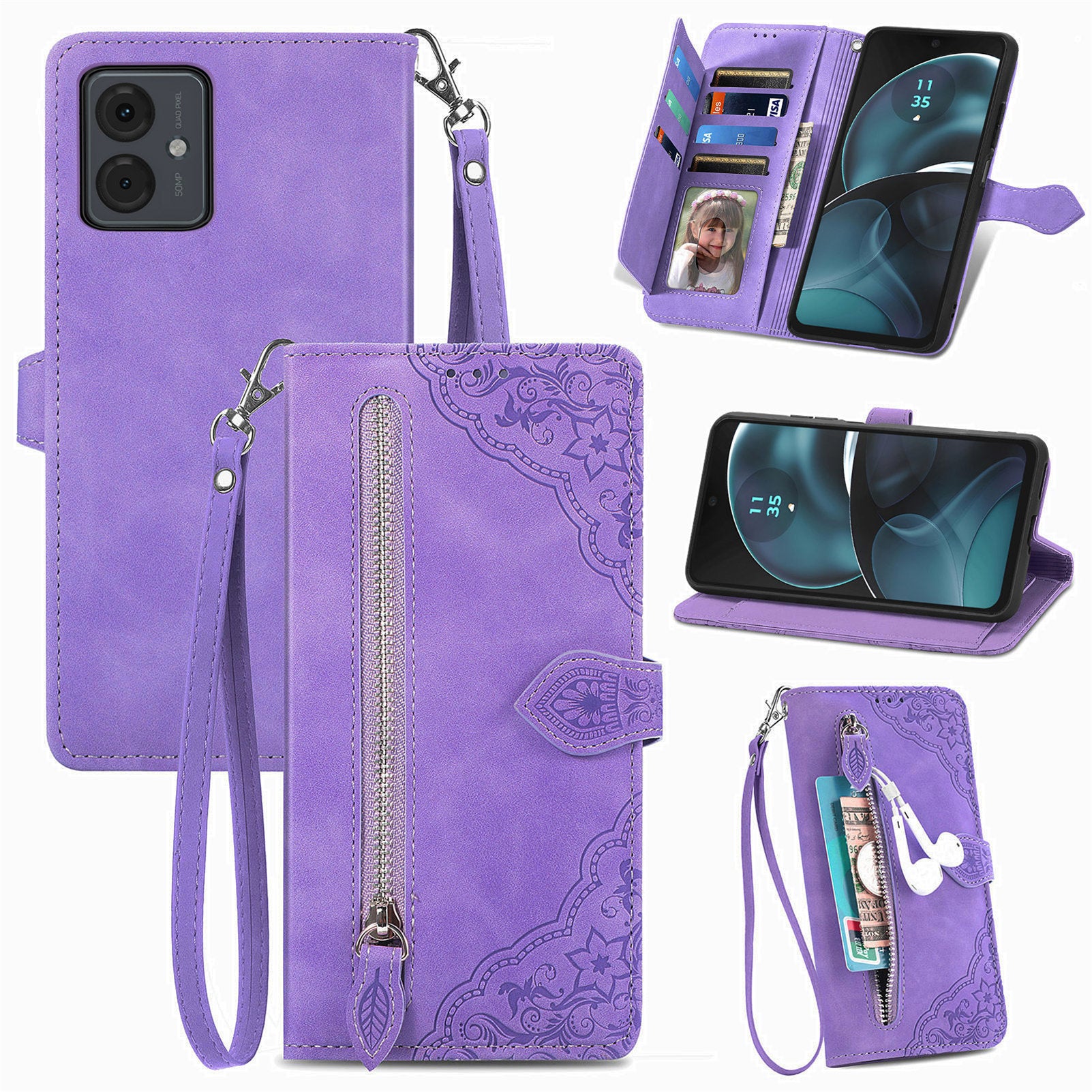 For Motorola Moto G14 4G Case Flower Imprinted Anti-Scratch Leather Flip Phone Cover