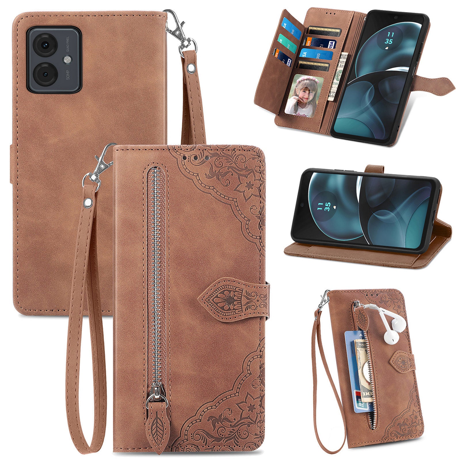 For Motorola Moto G14 4G Case Flower Imprinted Anti-Scratch Leather Flip Phone Cover