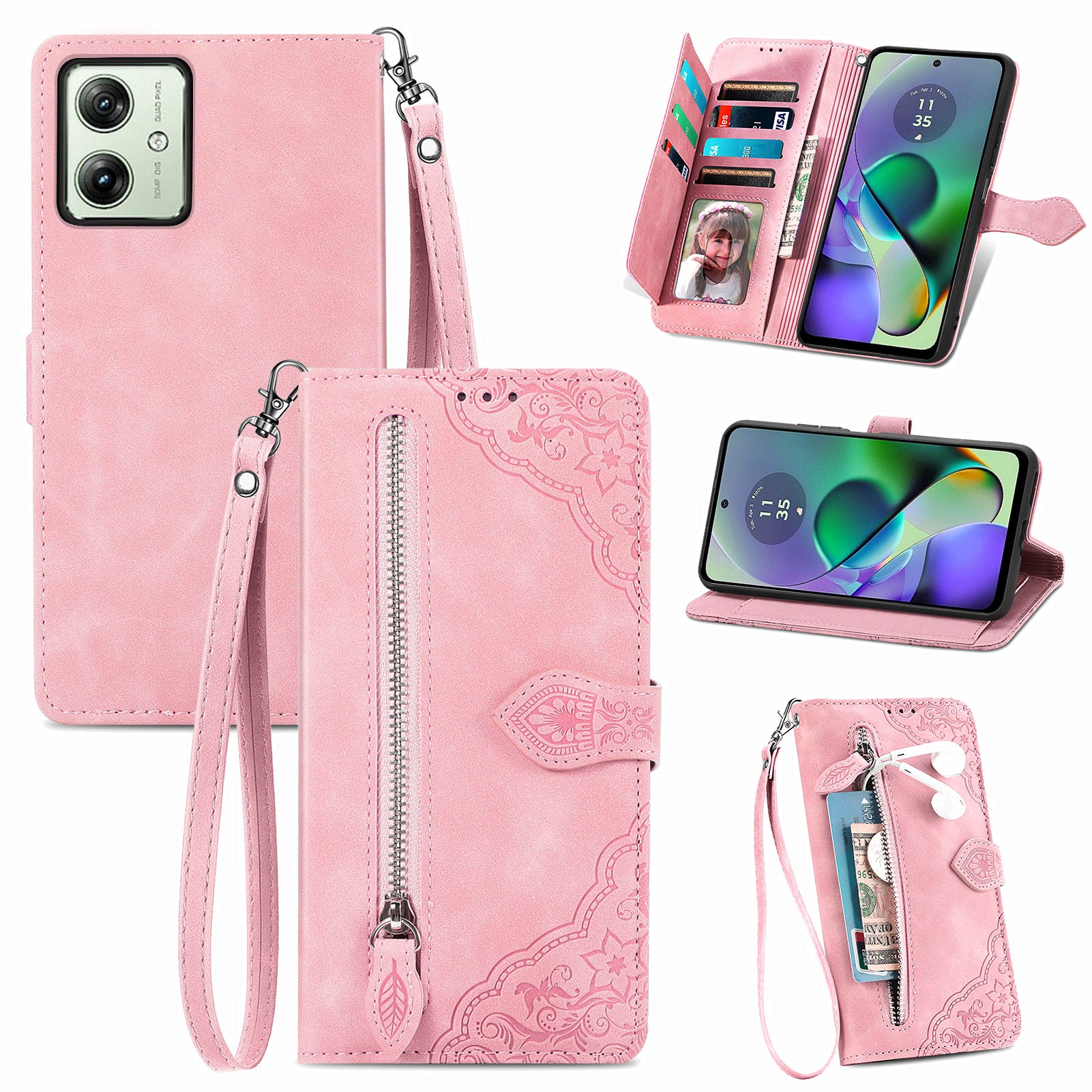 For Motorola Moto G54 5G Case Leather Handbag Zipper Pocket Flower Imprinted Phone Cover