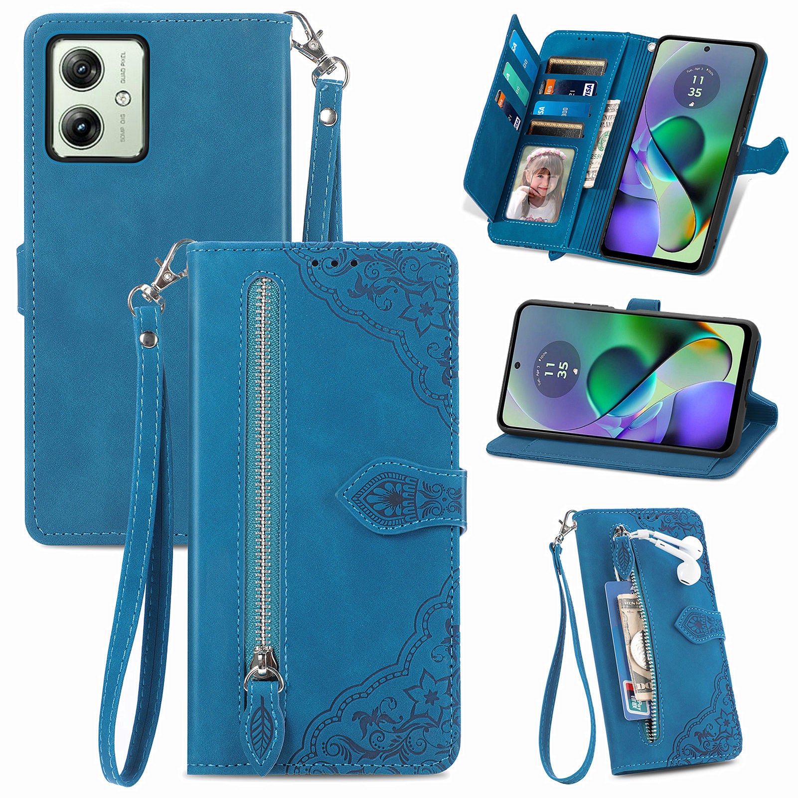 For Motorola Moto G54 5G Case Leather Handbag Zipper Pocket Flower Imprinted Phone Cover