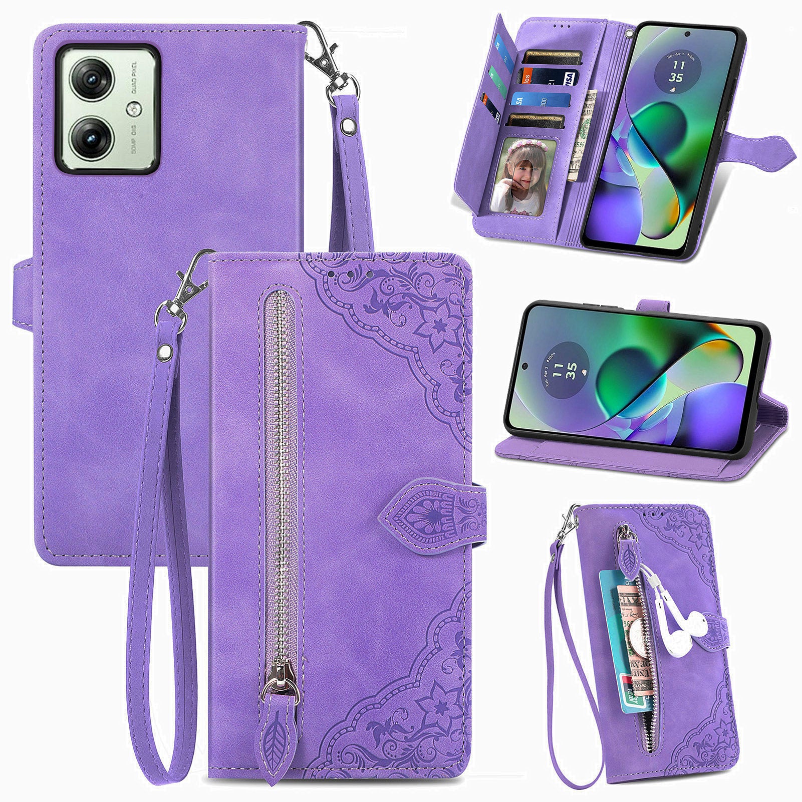 For Motorola Moto G54 5G Case Leather Handbag Zipper Pocket Flower Imprinted Phone Cover