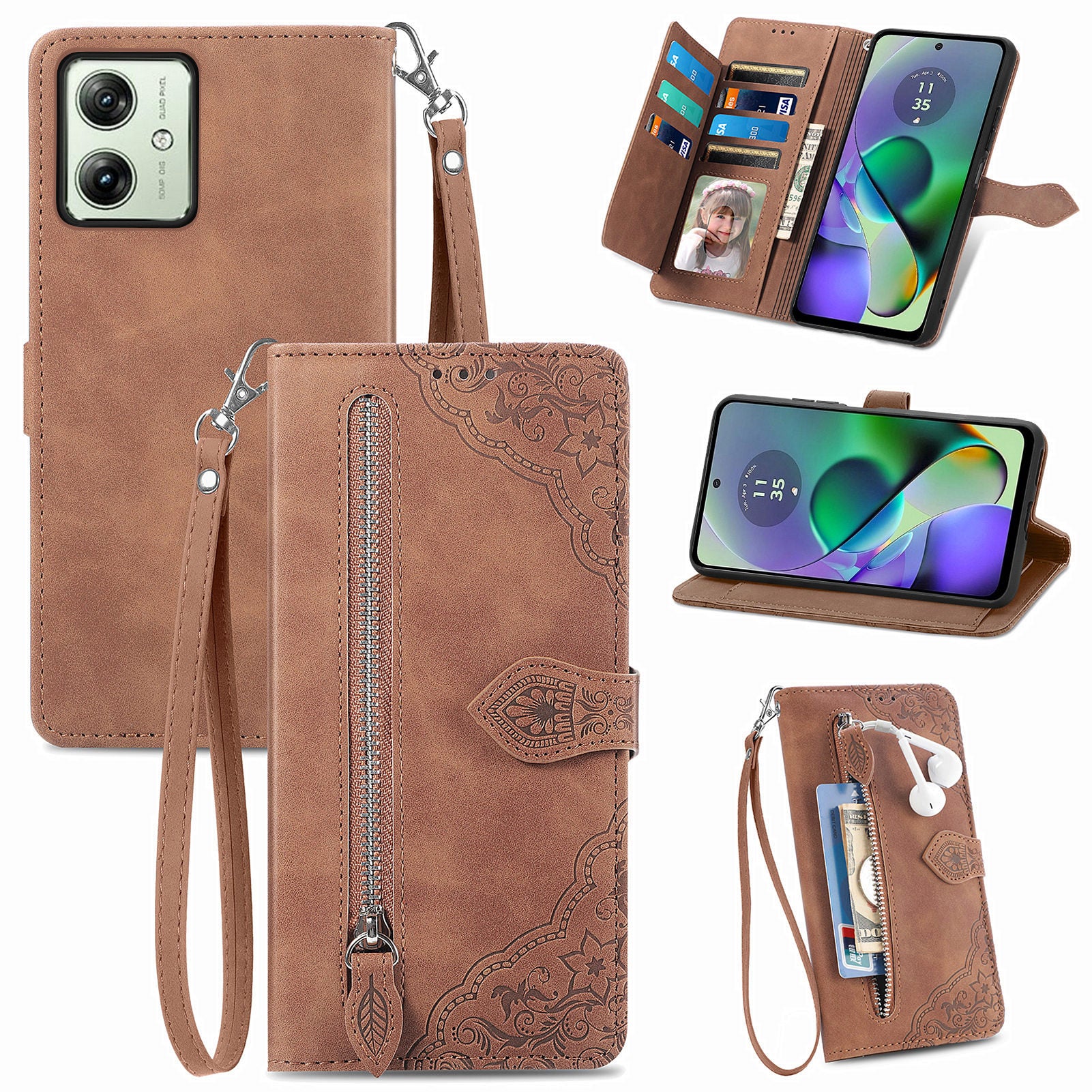 For Motorola Moto G54 5G Case Leather Handbag Zipper Pocket Flower Imprinted Phone Cover