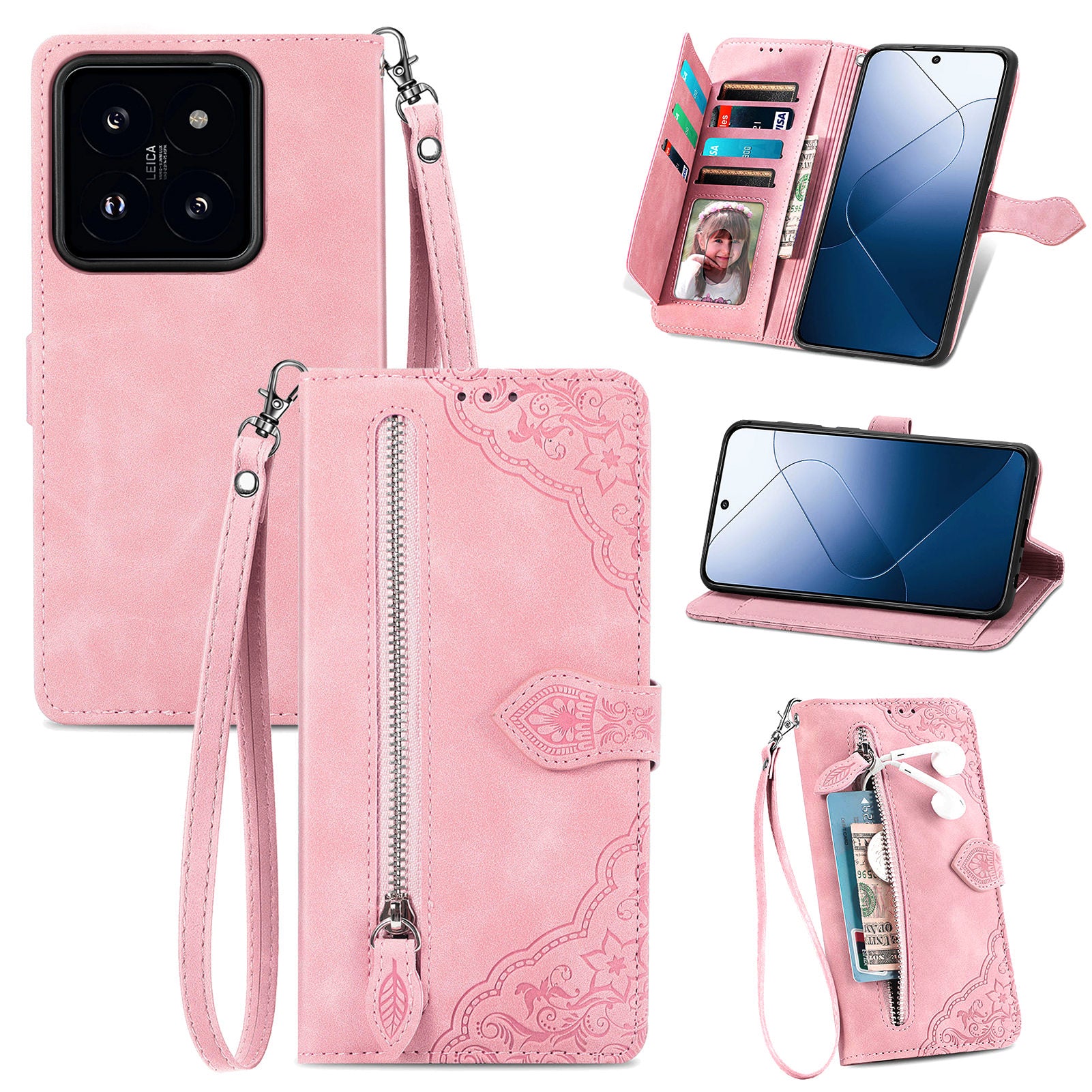 For Xiaomi 14 Case Flower Imprinted Leather Card Slots Zipper Pocket Handbag Phone Cover
