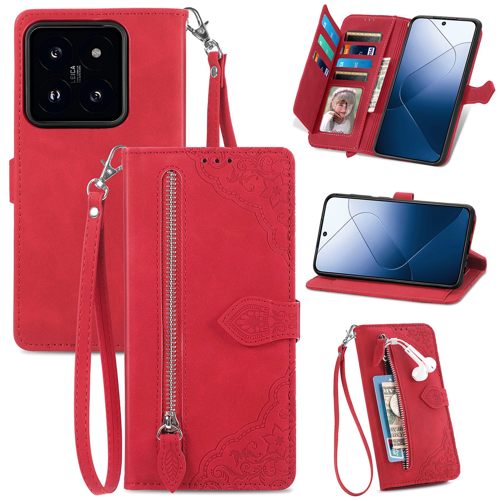 For Xiaomi 14 Case Flower Imprinted Leather Card Slots Zipper Pocket Handbag Phone Cover