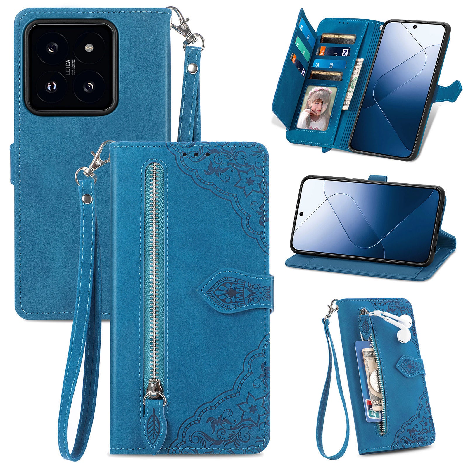 For Xiaomi 14 Case Flower Imprinted Leather Card Slots Zipper Pocket Handbag Phone Cover