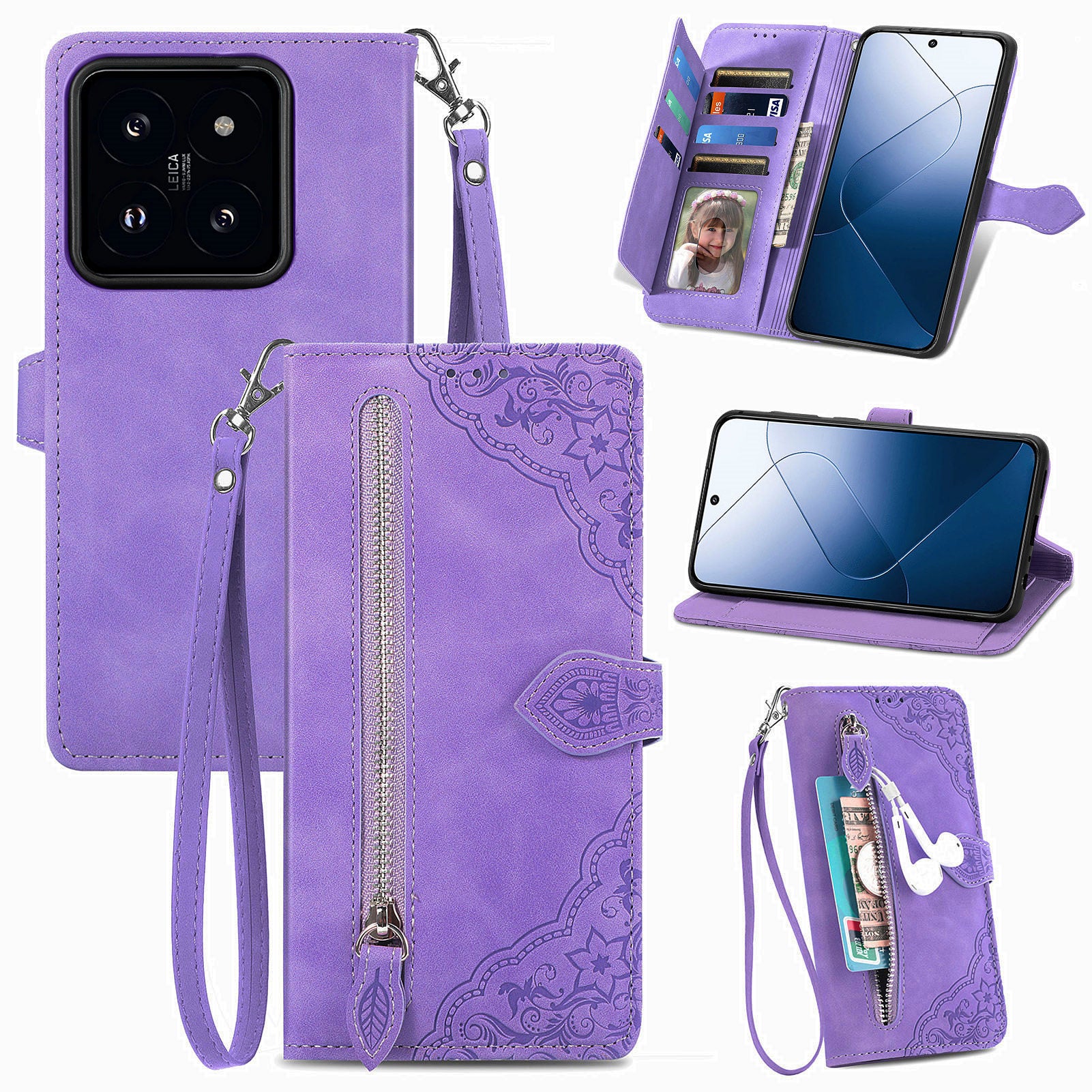 For Xiaomi 14 Case Flower Imprinted Leather Card Slots Zipper Pocket Handbag Phone Cover