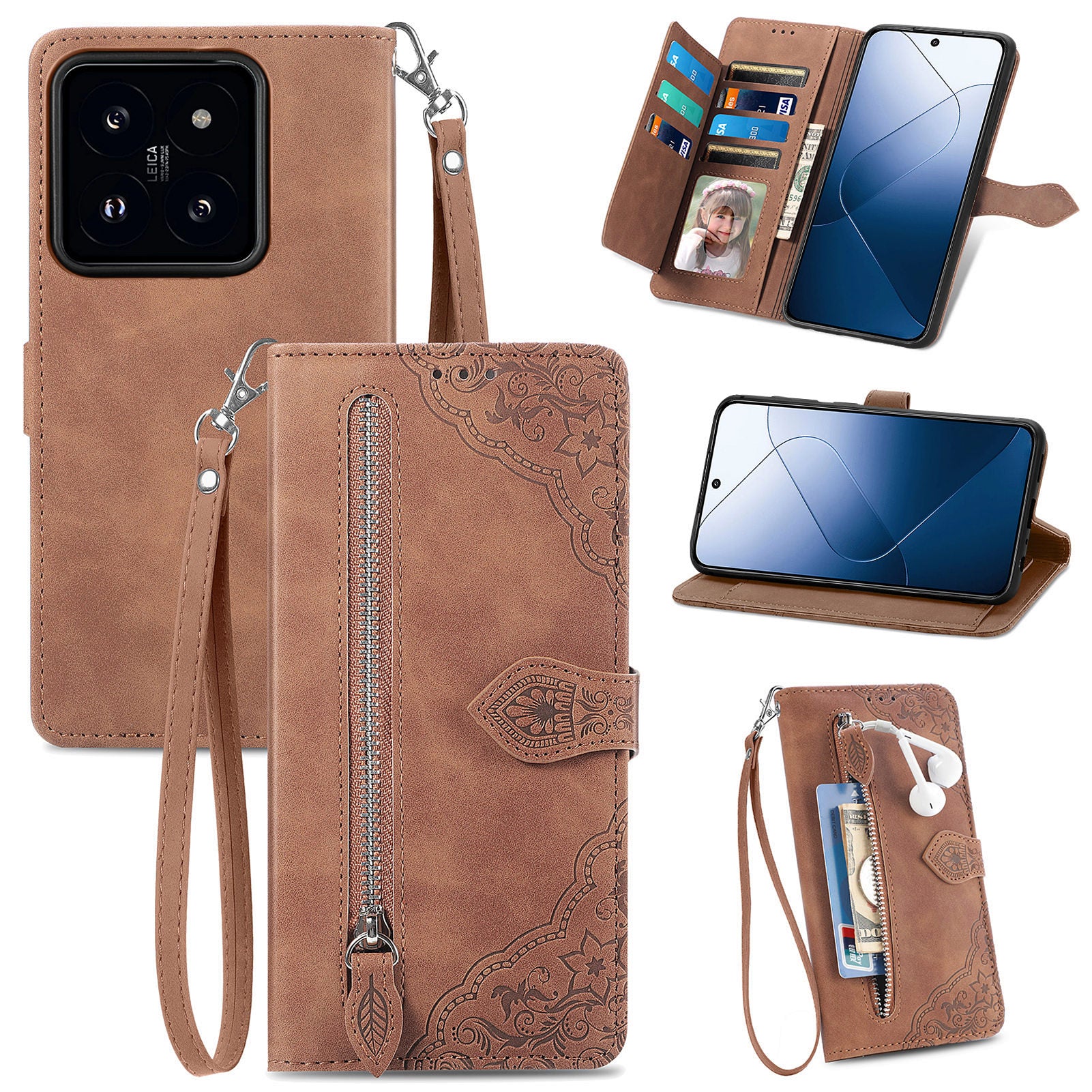 For Xiaomi 14 Case Flower Imprinted Leather Card Slots Zipper Pocket Handbag Phone Cover