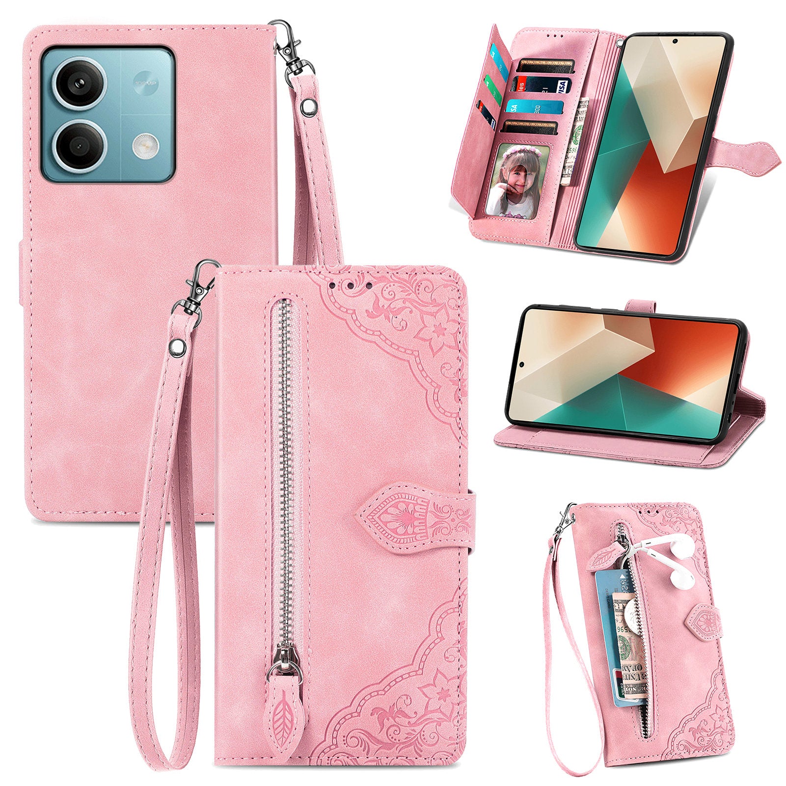 For Xiaomi Redmi Note 13 5G Case Handbag Zipper Pocket Flower Imprinted Leather Phone Cover