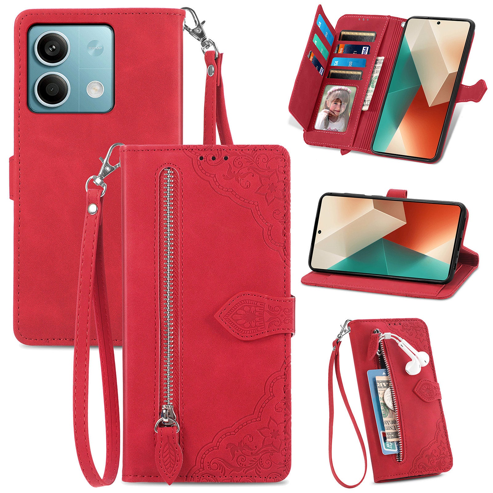 For Xiaomi Redmi Note 13 5G Case Handbag Zipper Pocket Flower Imprinted Leather Phone Cover