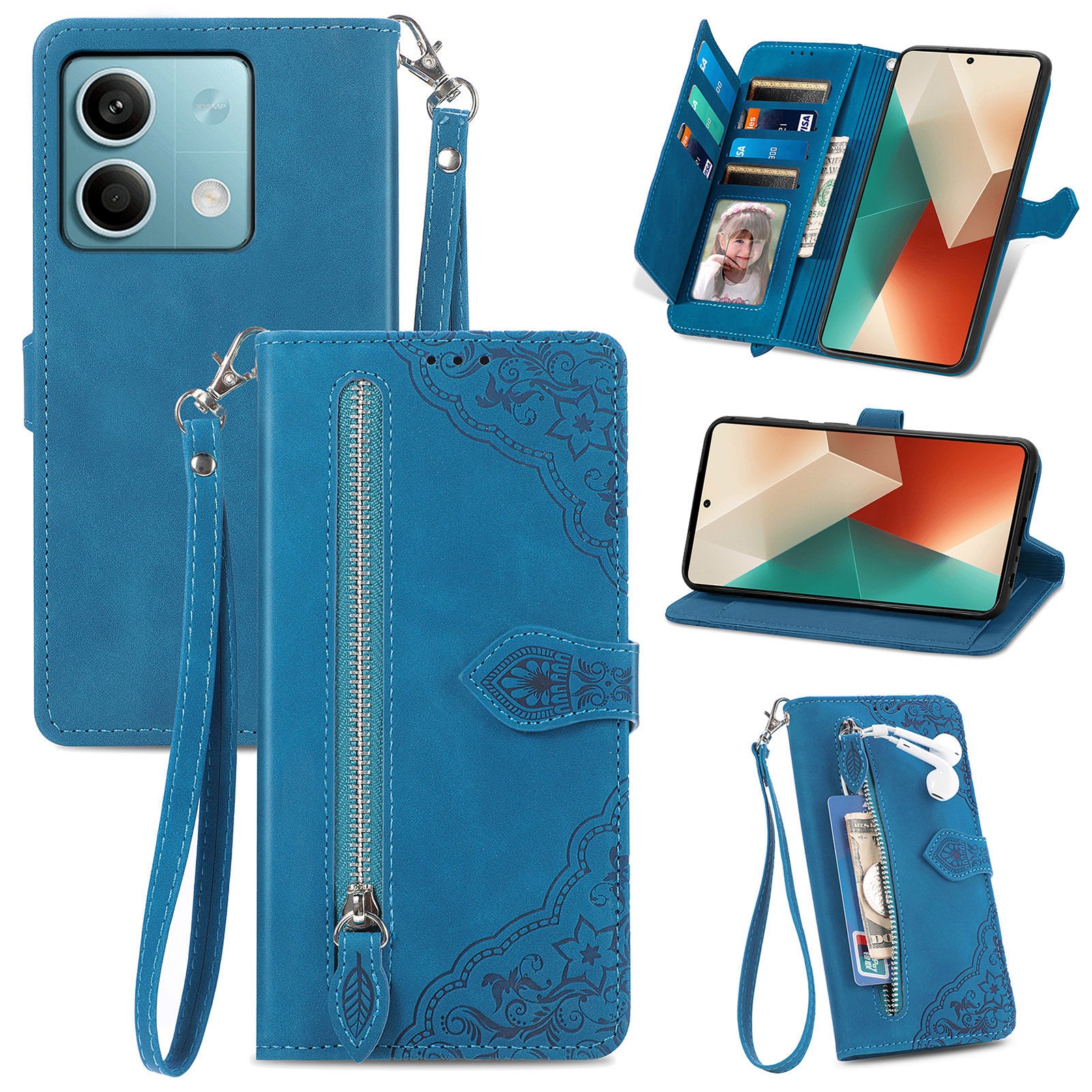 For Xiaomi Redmi Note 13 5G Case Handbag Zipper Pocket Flower Imprinted Leather Phone Cover