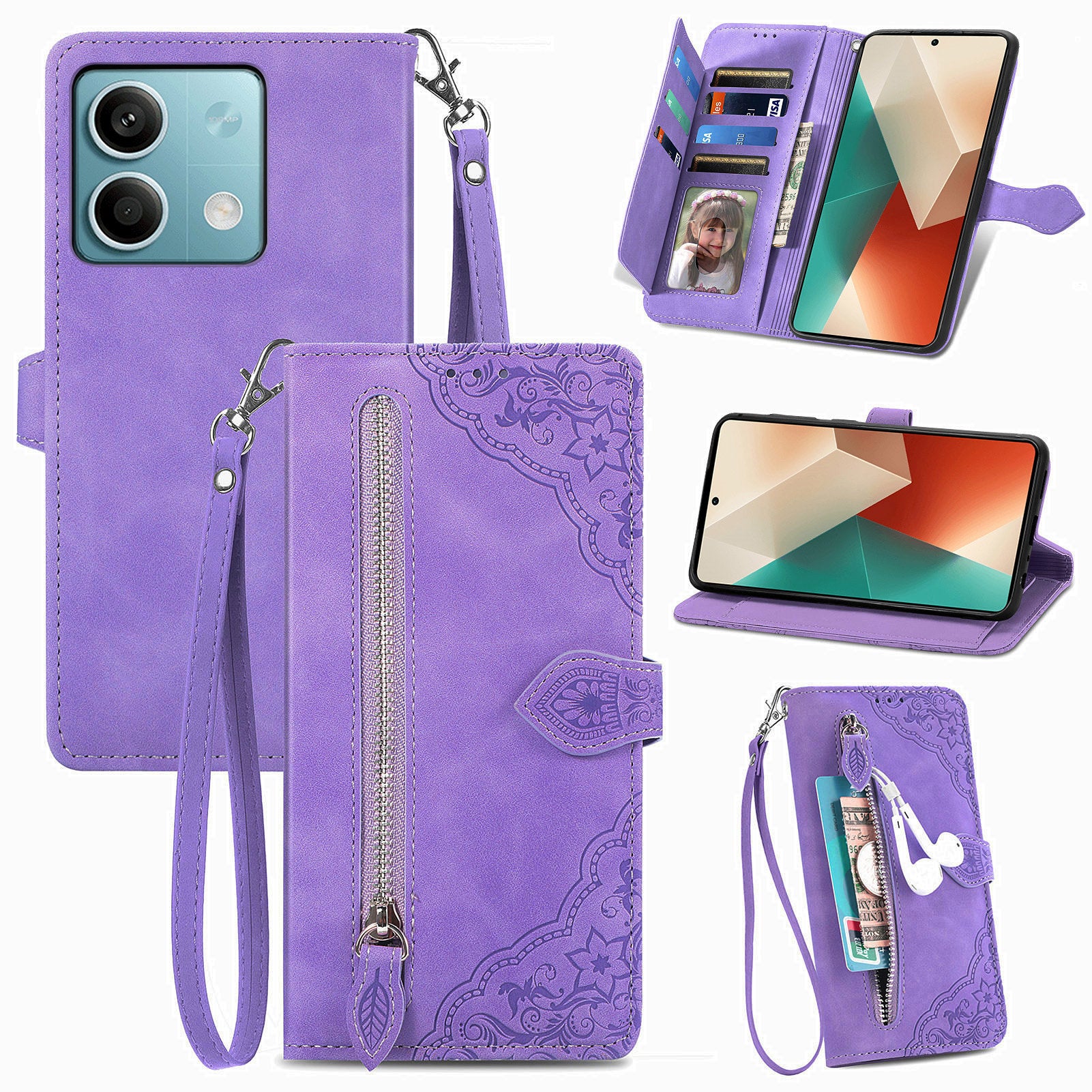 For Xiaomi Redmi Note 13 5G Case Handbag Zipper Pocket Flower Imprinted Leather Phone Cover